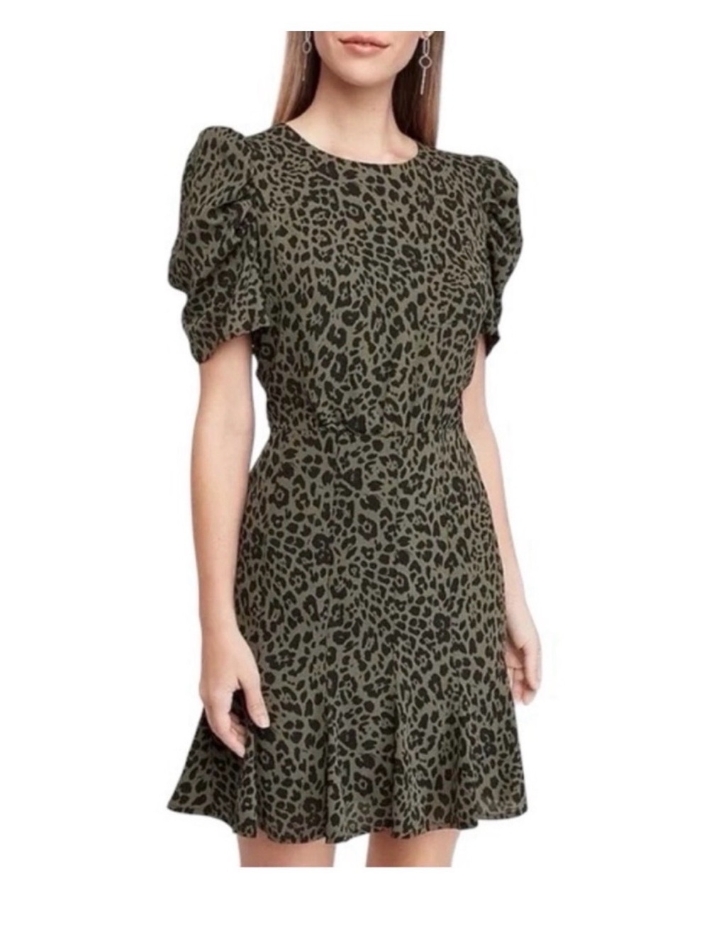 Express Olive Leopard Puff-Sleeve Mini Dress